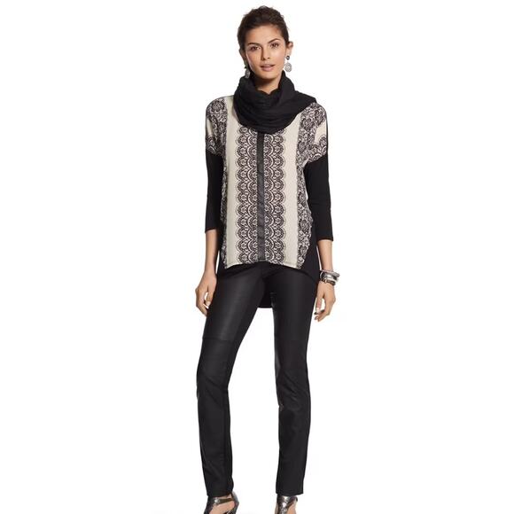 Chico’s Lace Pattern Block Pattern Top EUC Sz 16 Faux Leather 3/4 Sleeves - Picture 12 of 13
